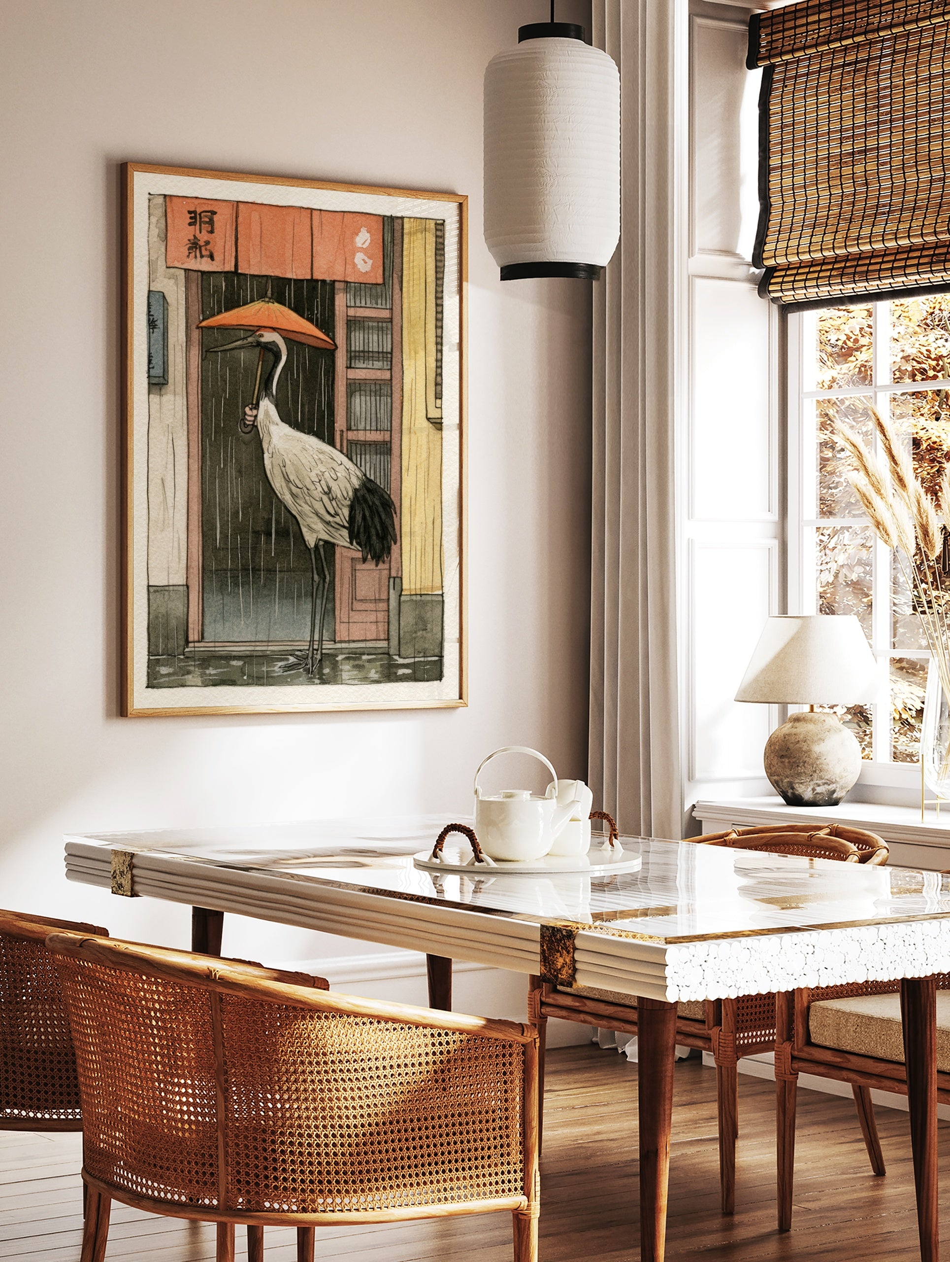 Red-crowned crane holding an orange umbrella standing in the rain before a shop with a red curtain, in a styled room mockup