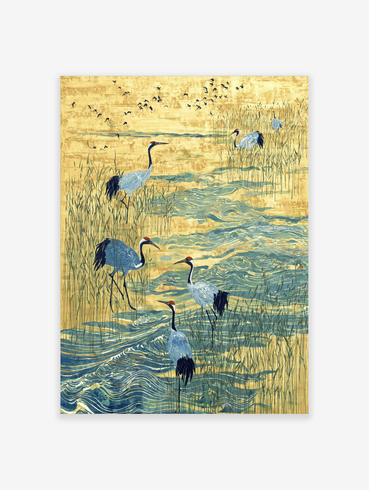 Illustrative print of red-crowned cranes wading in blue water amongst golden reeds with flying birds