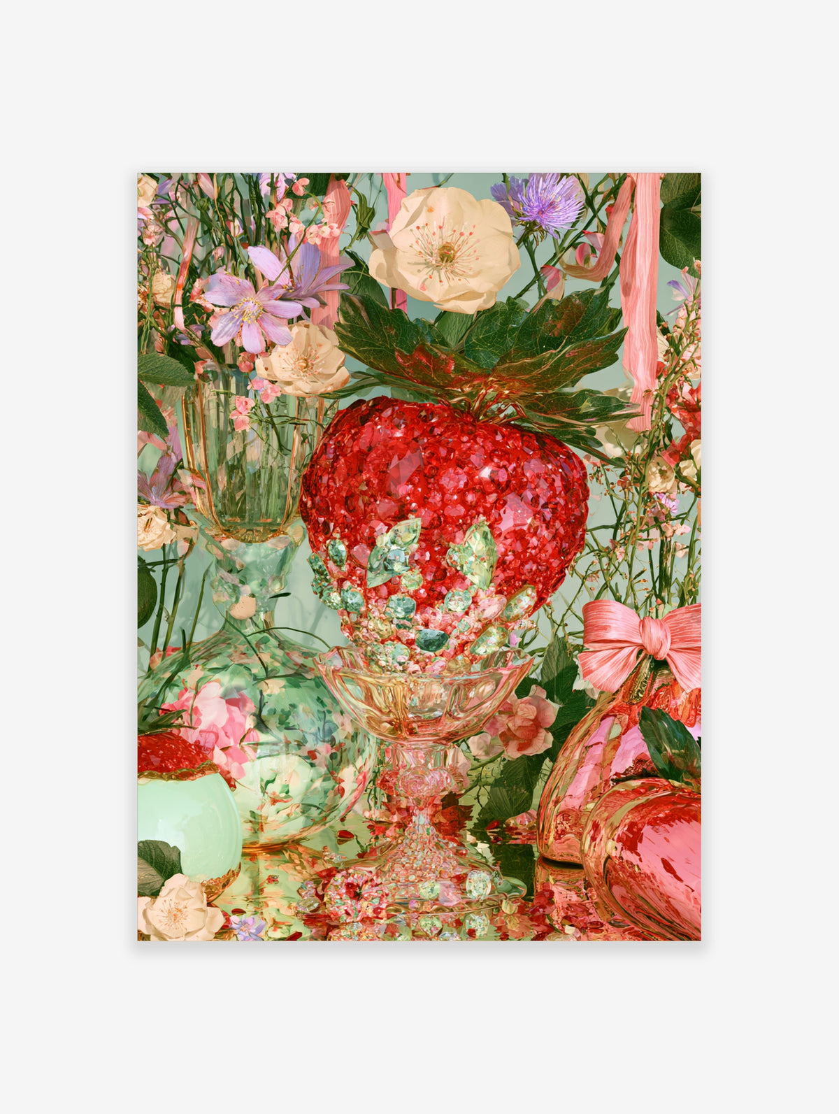 Red crystal apple art print with cream roses and lilac flowers on pale green background