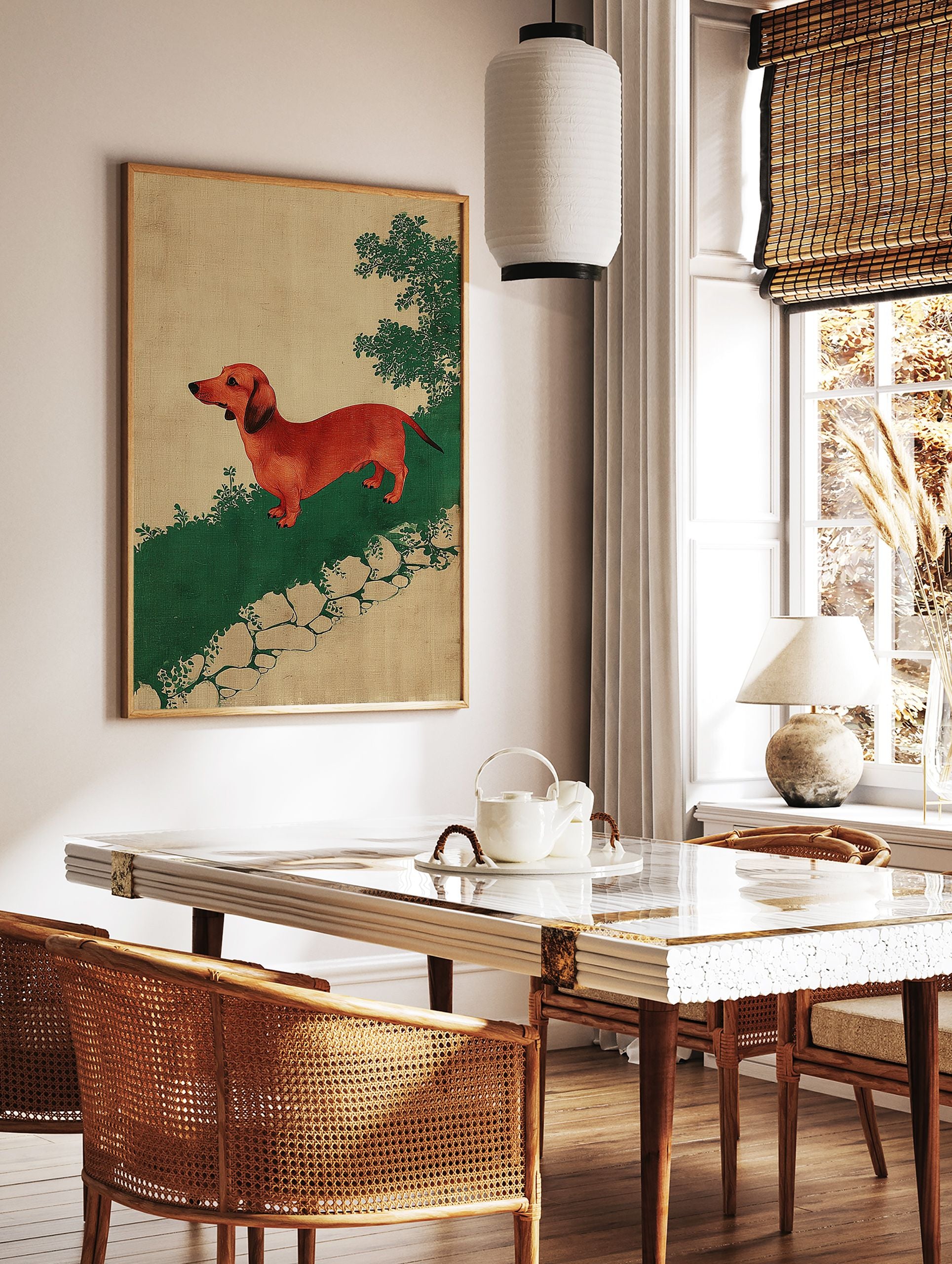 Red dachshund dog art print in vintage illustration style on green ground with beige background and sparse foliage. - Image 2