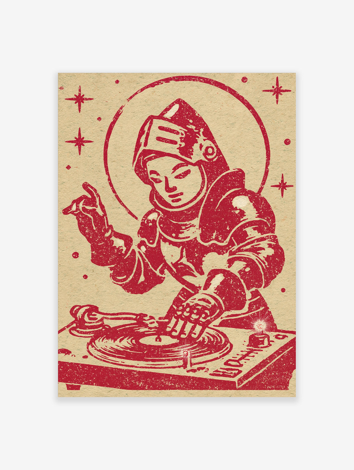 Red and beige DJ poster with turntable, raised hand, halo, and star motifs