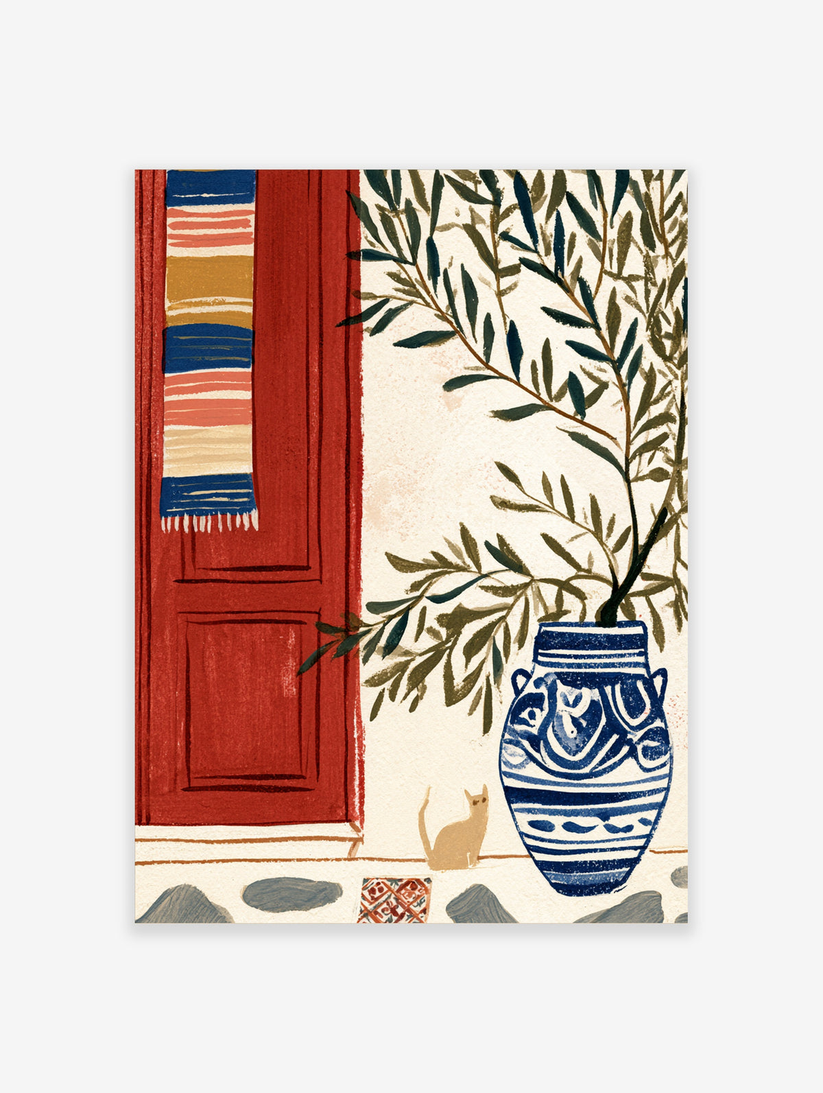 Mediterranean art print with red door, striped textile, olive branches in blue vase, and tan cat