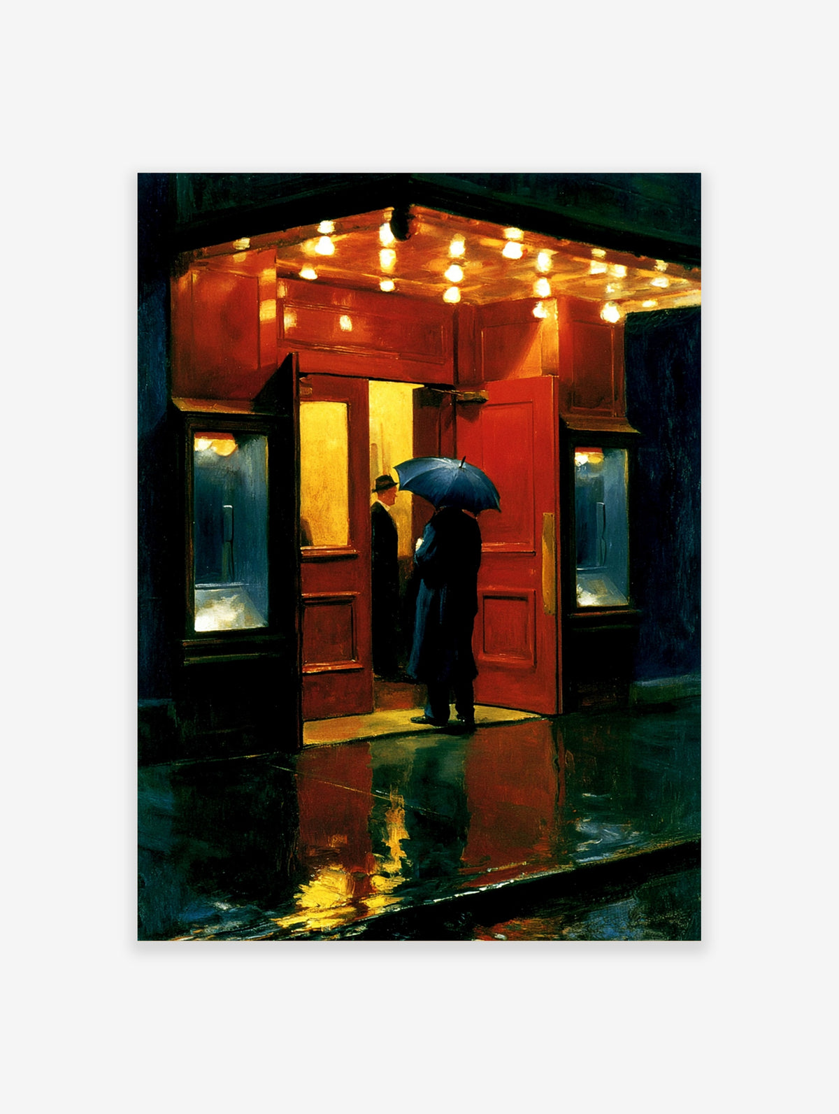 Red door city rain poster with figure under blue umbrella on wet night street