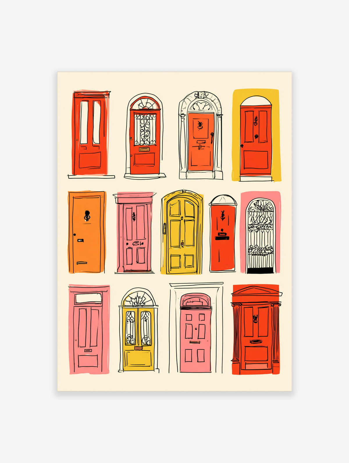 Illustrated red door poster with twelve colourful front doors in orange, yellow, pink, and red on a cream background