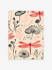 Illustrative pattern of red dragonflies and black botanical plants on a light beige background