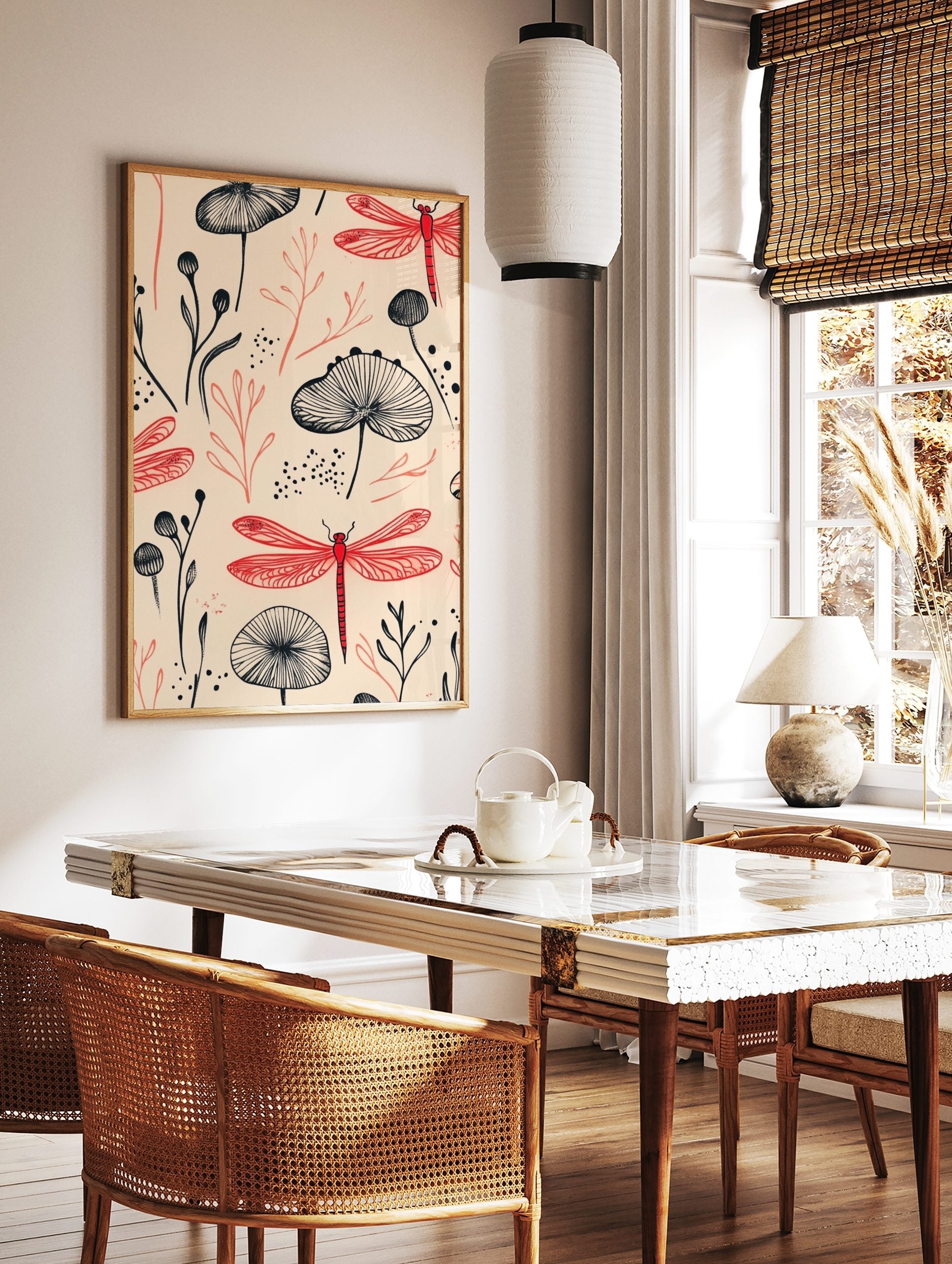 Illustrative pattern of red dragonflies and black botanical plants on a light beige background, in a styled room mockup
