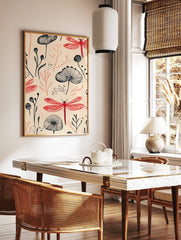 Illustrative pattern of red dragonflies and black botanical plants on a light beige background, in a styled room mockup