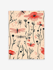 Red dragonflies and black line art flowers botanical illustration on a light beige background