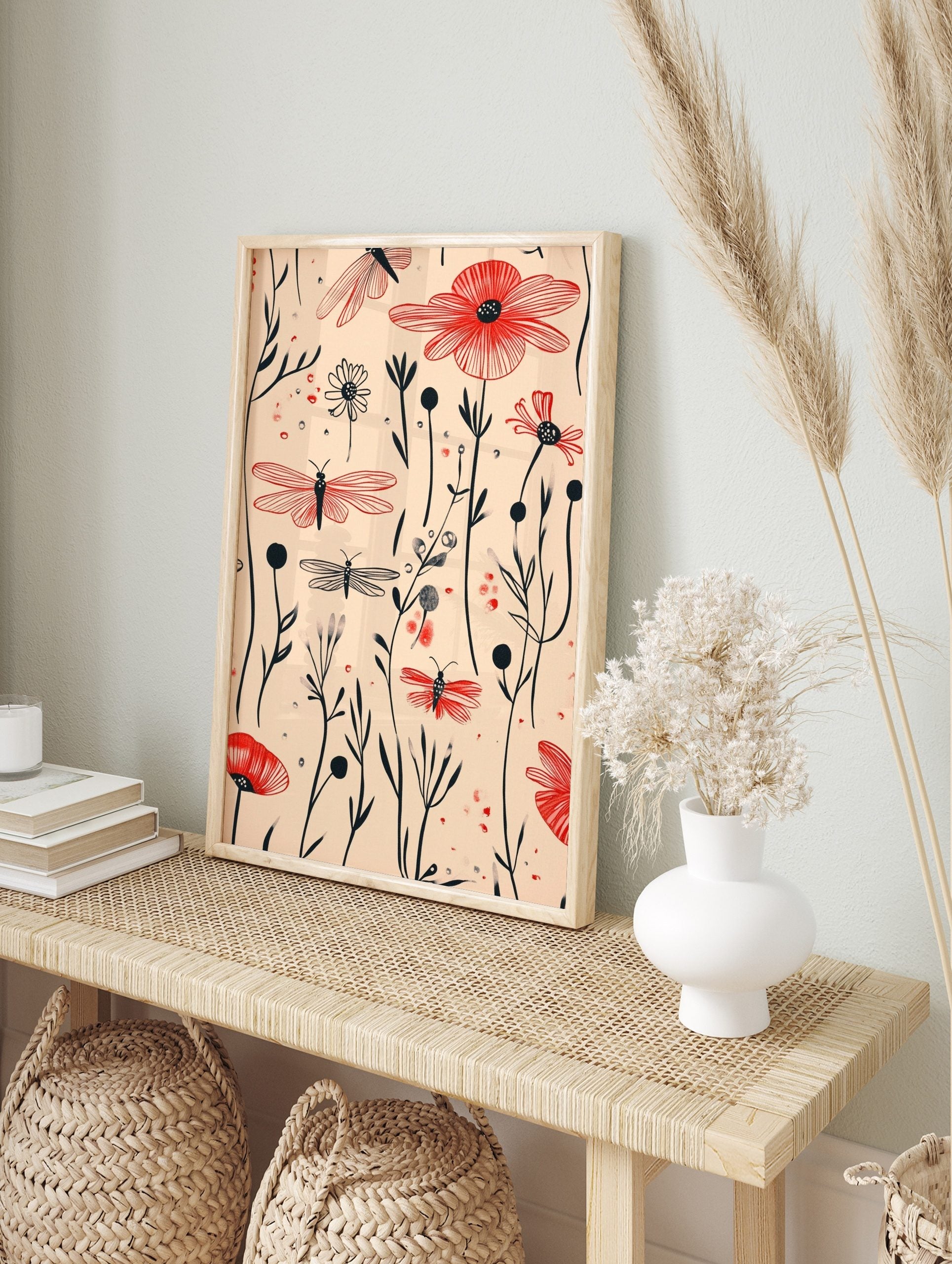 Red dragonflies and black line art flowers botanical illustration on a light beige background, in an alternate framed mockup