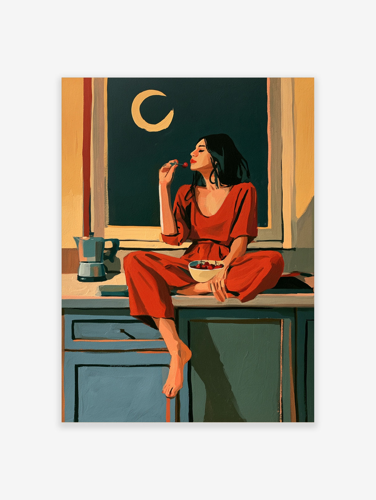 Woman in red dress eating cherries on kitchen counter below crescent moon poster