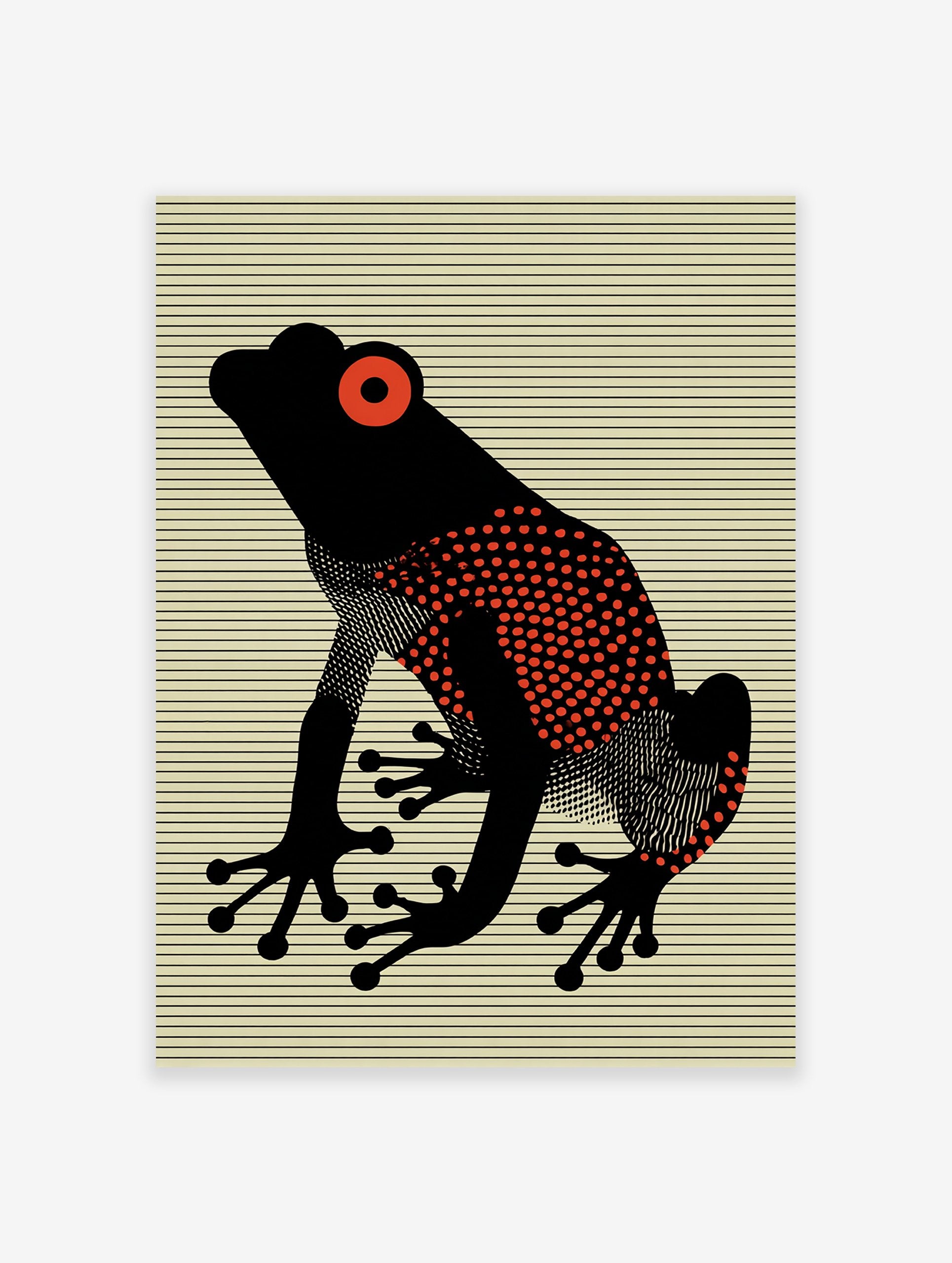 Red Eyed Frog poster with a black frog, red eyes, and red polka dots on a striped yellow background.