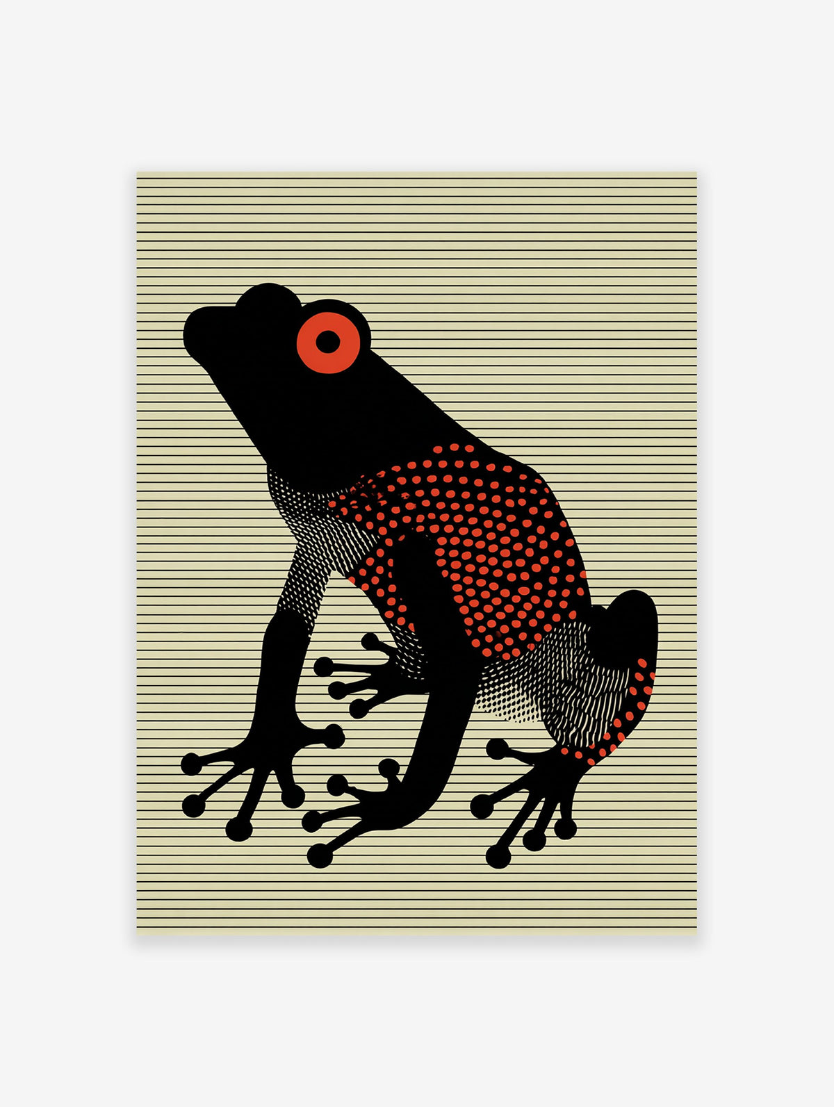 Red Eyed Frog poster with a black frog, red eyes, and red polka dots on a striped yellow background.