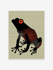 Red Eyed Frog poster with a black frog, red eyes, and red polka dots on a striped yellow background.