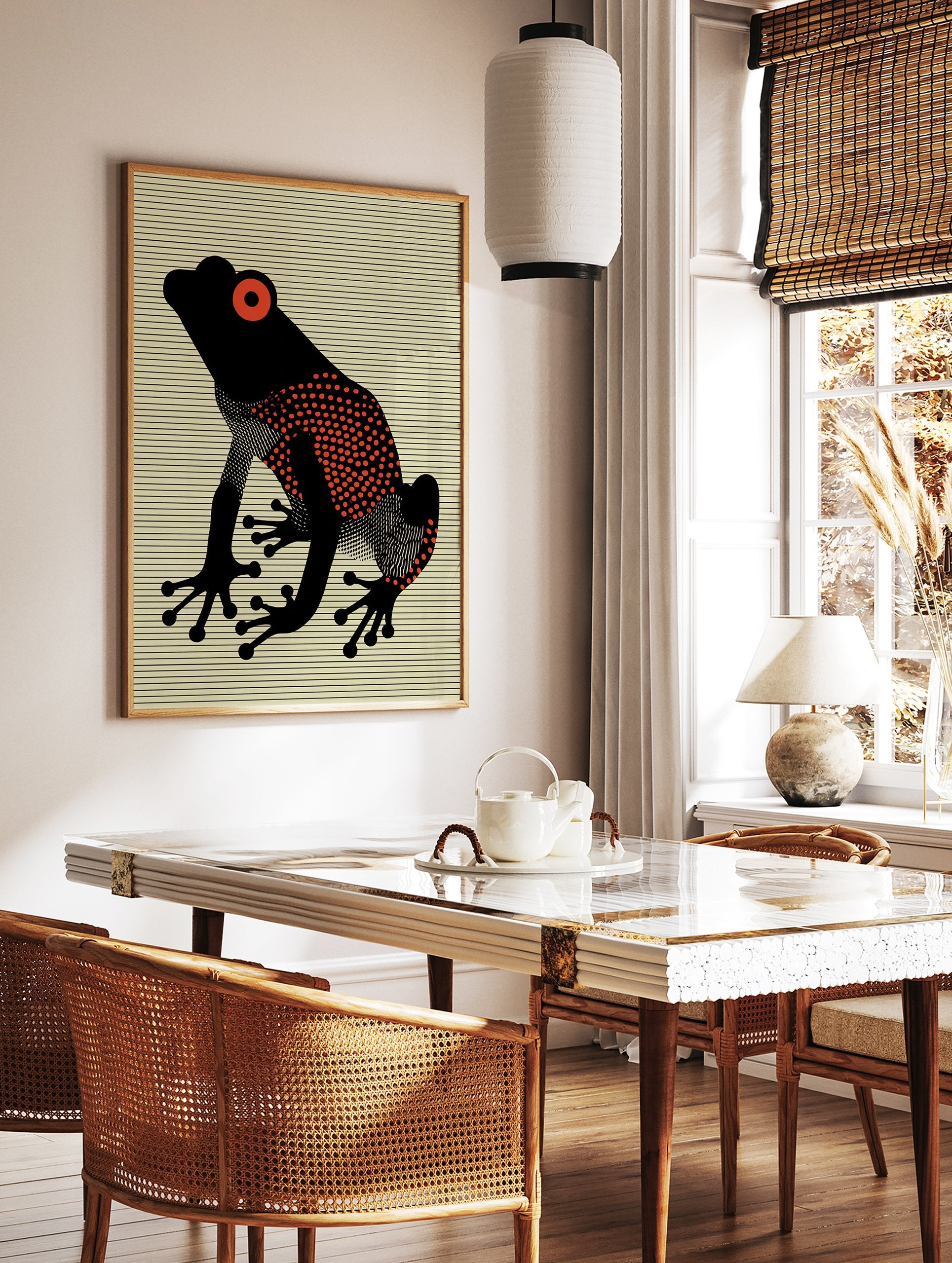 Red Eyed Frog poster with a black frog, red eyes, and red polka dots on a striped yellow background. - Image 2