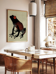 Red Eyed Frog poster with a black frog, red eyes, and red polka dots on a striped yellow background. - Image 2