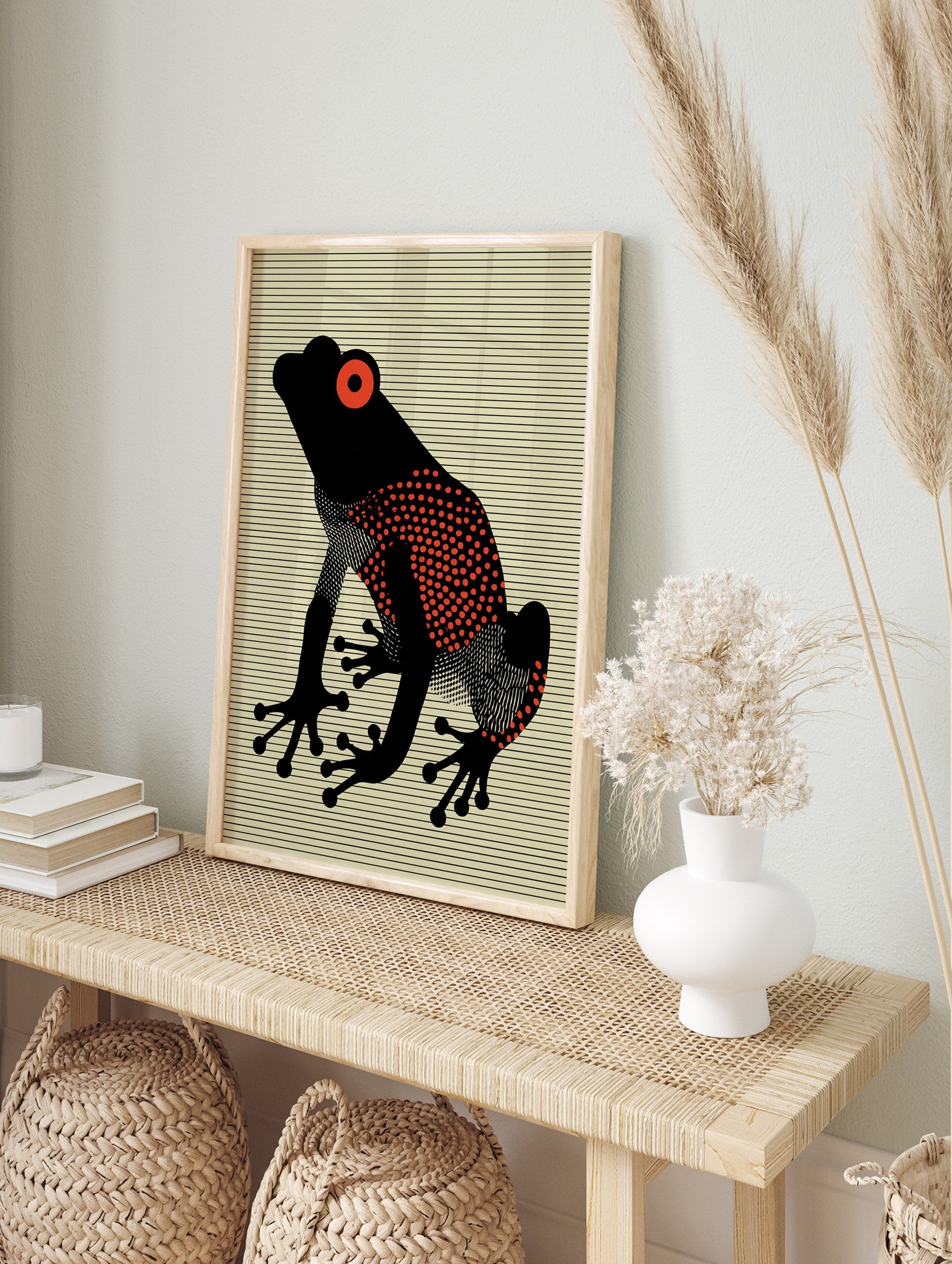 Red Eyed Frog poster with a black frog, red eyes, and red polka dots on a striped yellow background. - Image 4