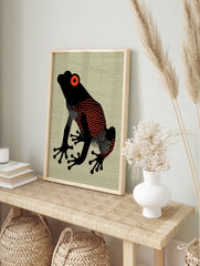 Red Eyed Frog poster with a black frog, red eyes, and red polka dots on a striped yellow background. - Image 4