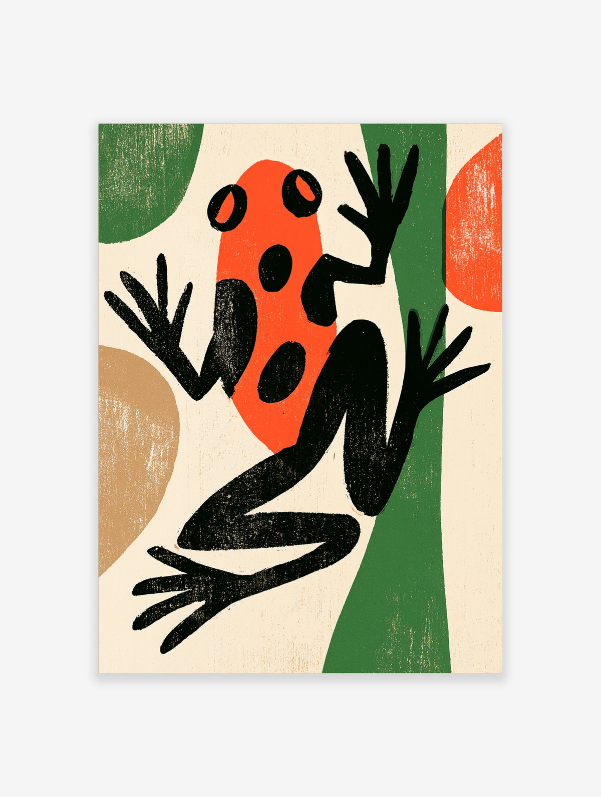 Red-eyed tree frog illustration with orange body, black spots and green leaf shapes on cream background