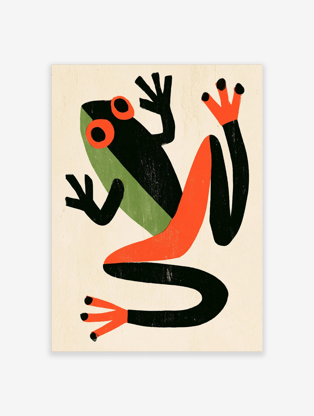 Red-eyed tree frog art print with black body, green flank and orange limbs on cream background