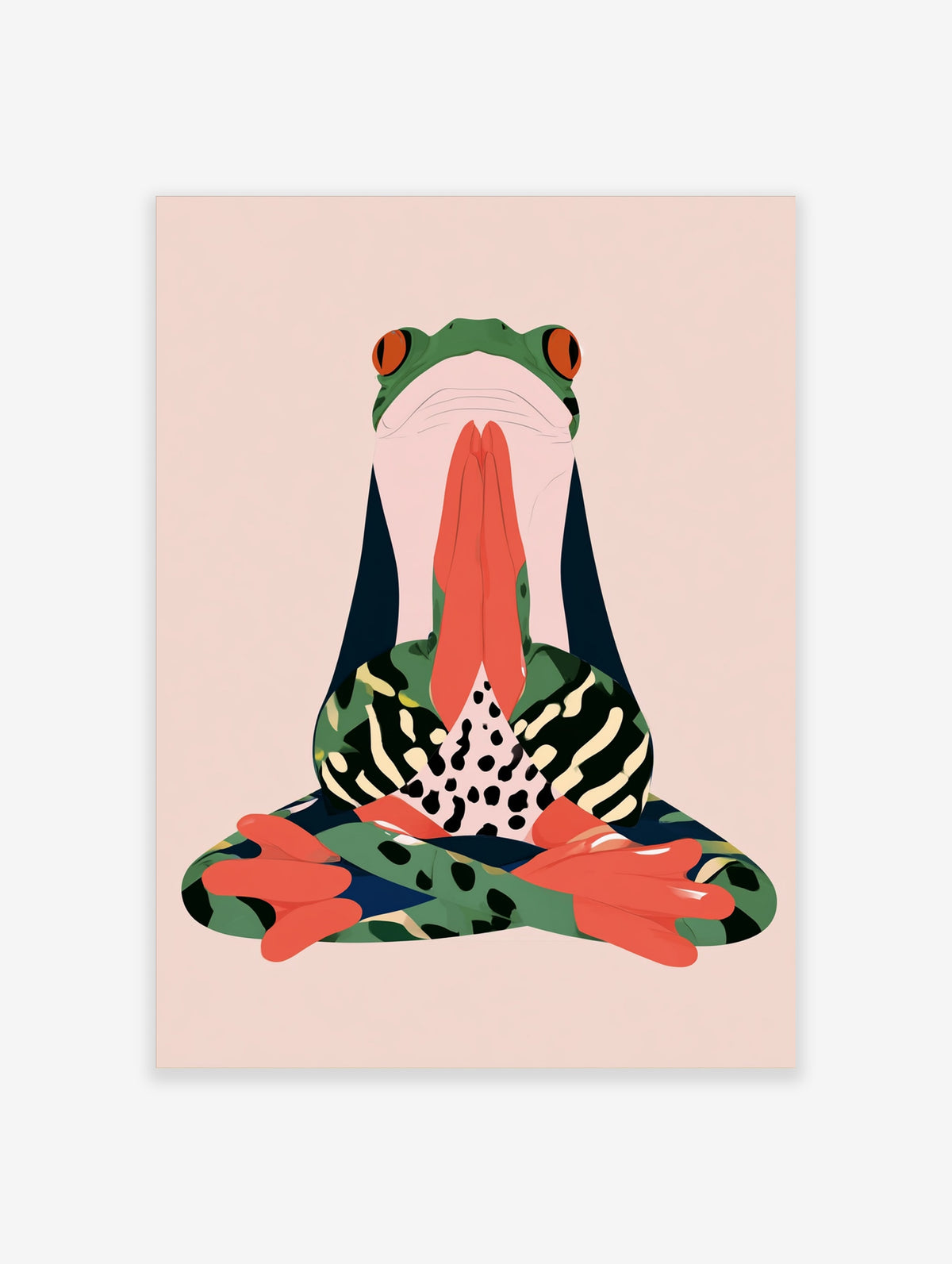 Red-eyed tree frog illustration sitting cross-legged with orange eyes and feet on beige background