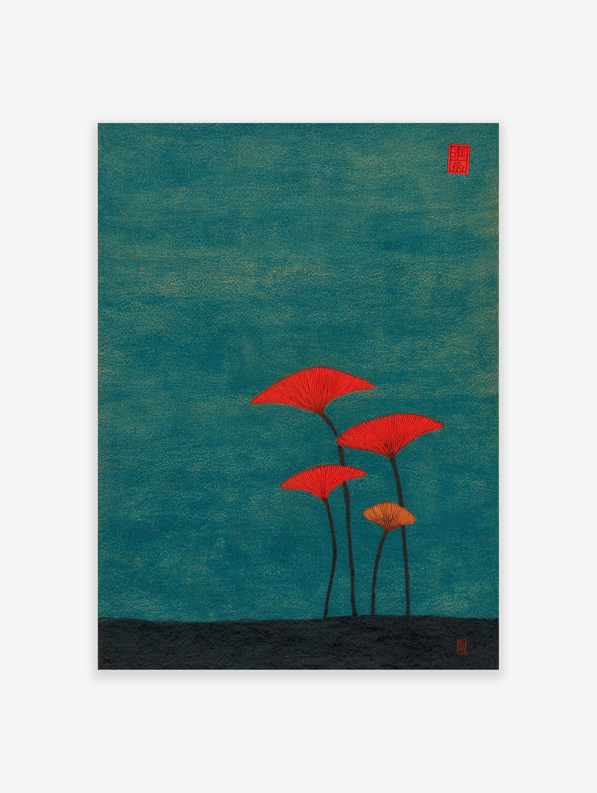 Illustrative print of four red and orange fan coral or seaweed plants against a dark teal background and black base
