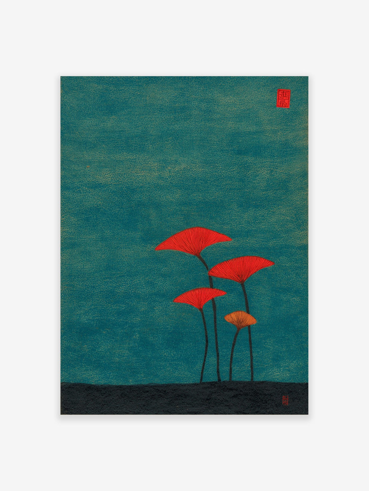 Illustrative print of four red and orange fan coral or seaweed plants against a dark teal background and black base