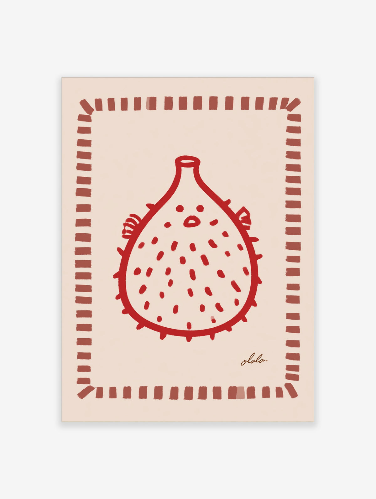 Red fig illustration with dotted texture and dashed border on beige background, unframed paper print