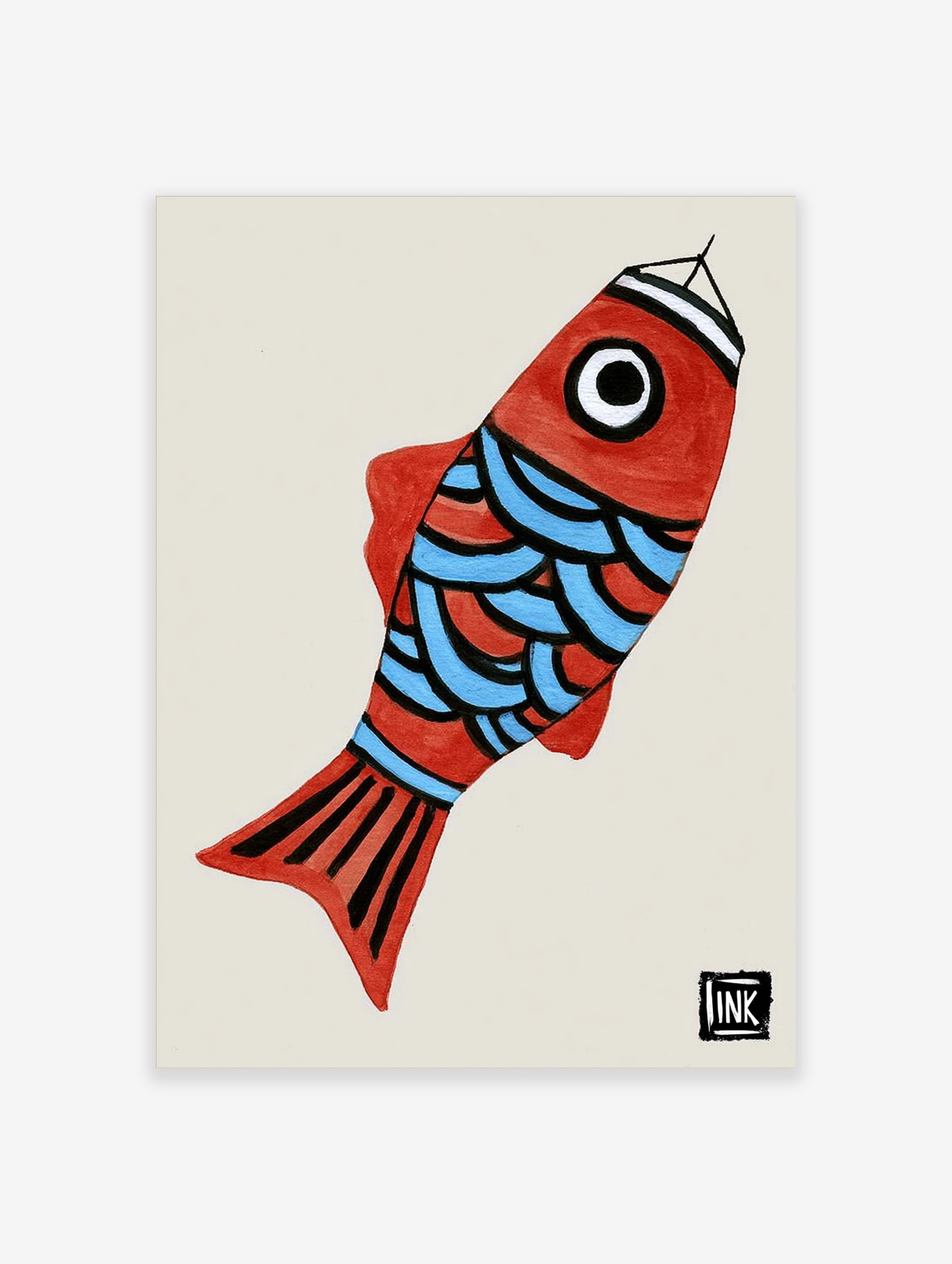 Illustrative red fish wall art with blue scales and graphic black details on a light background