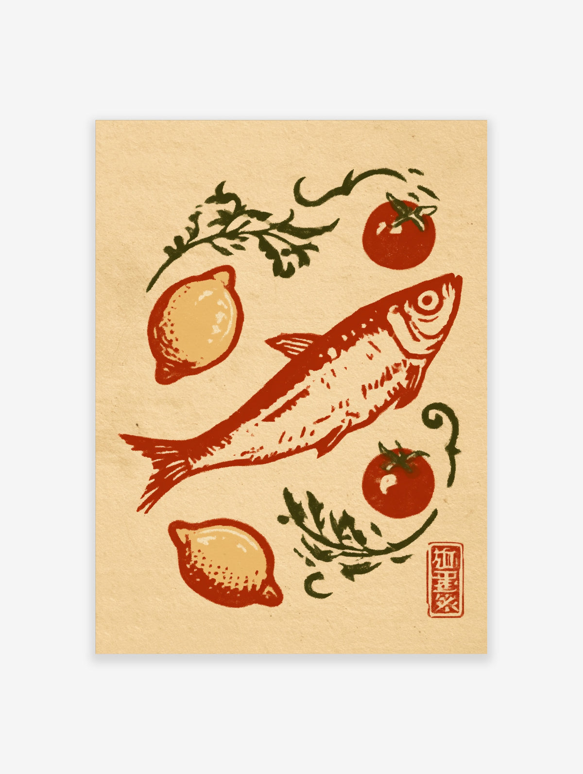 Red fish with tomatoes, lemons, and green herbs on beige background art print