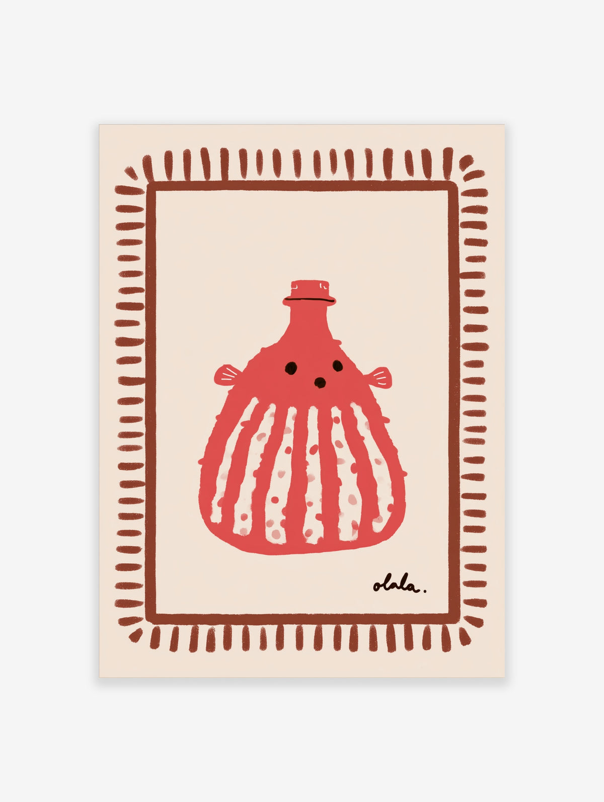 Red fish poster with white stripes, black dot eyes, and a brown border on beige background