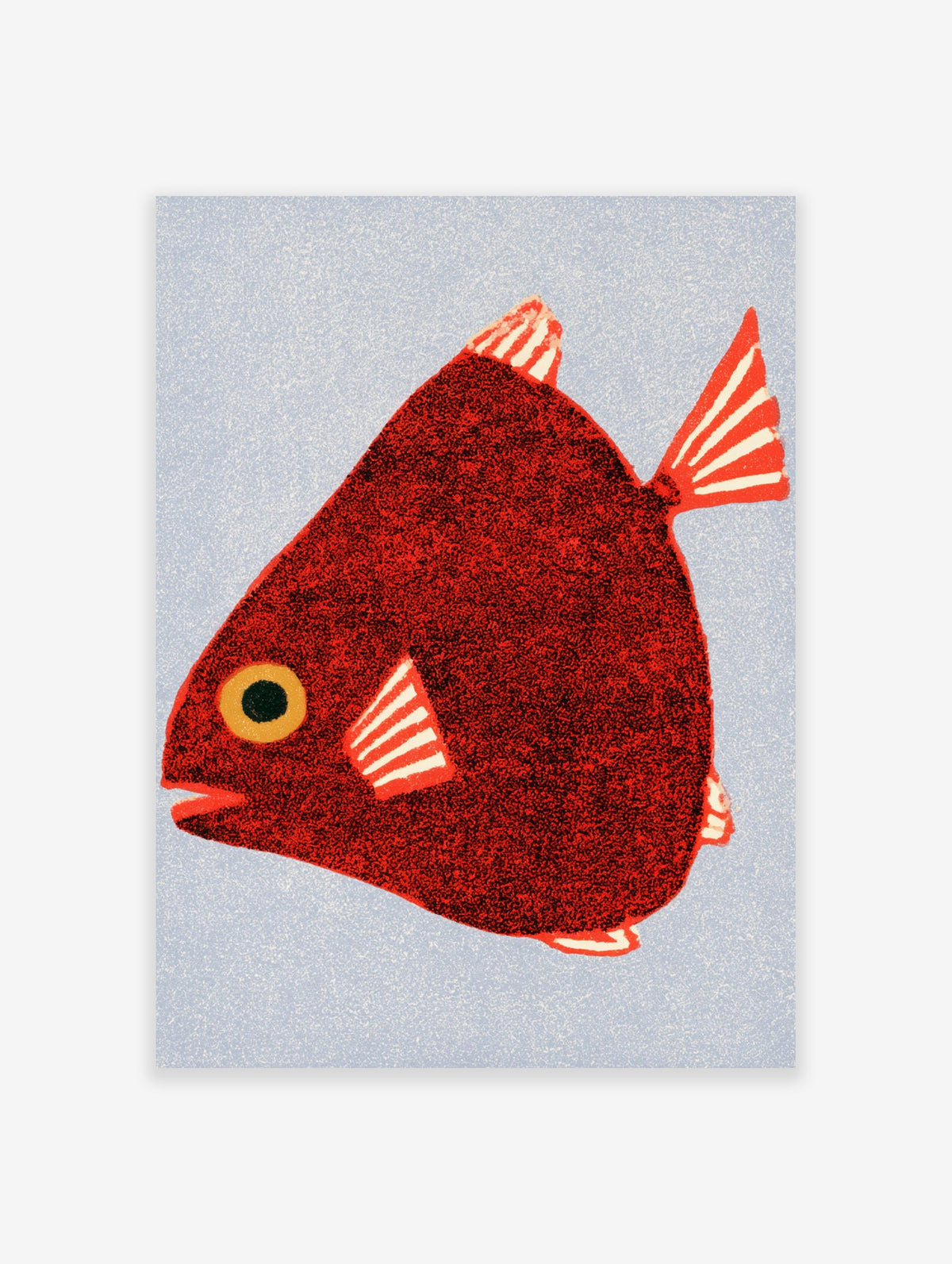 Minimalist red fish illustration with textured body and white-striped fins on a pale blue background