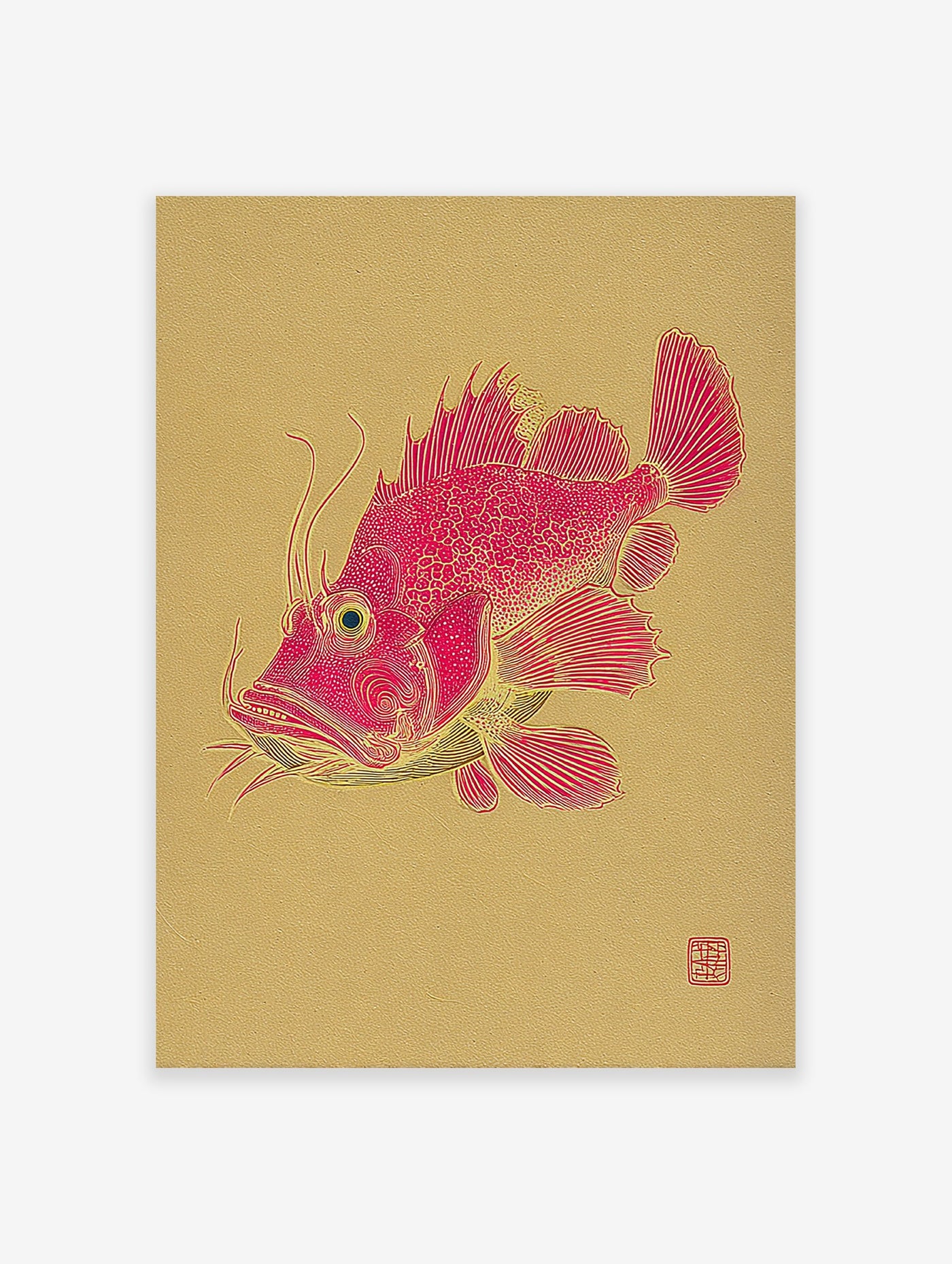 Detailed red fish illustration on a golden background, featuring intricate lines and an Asian art style.