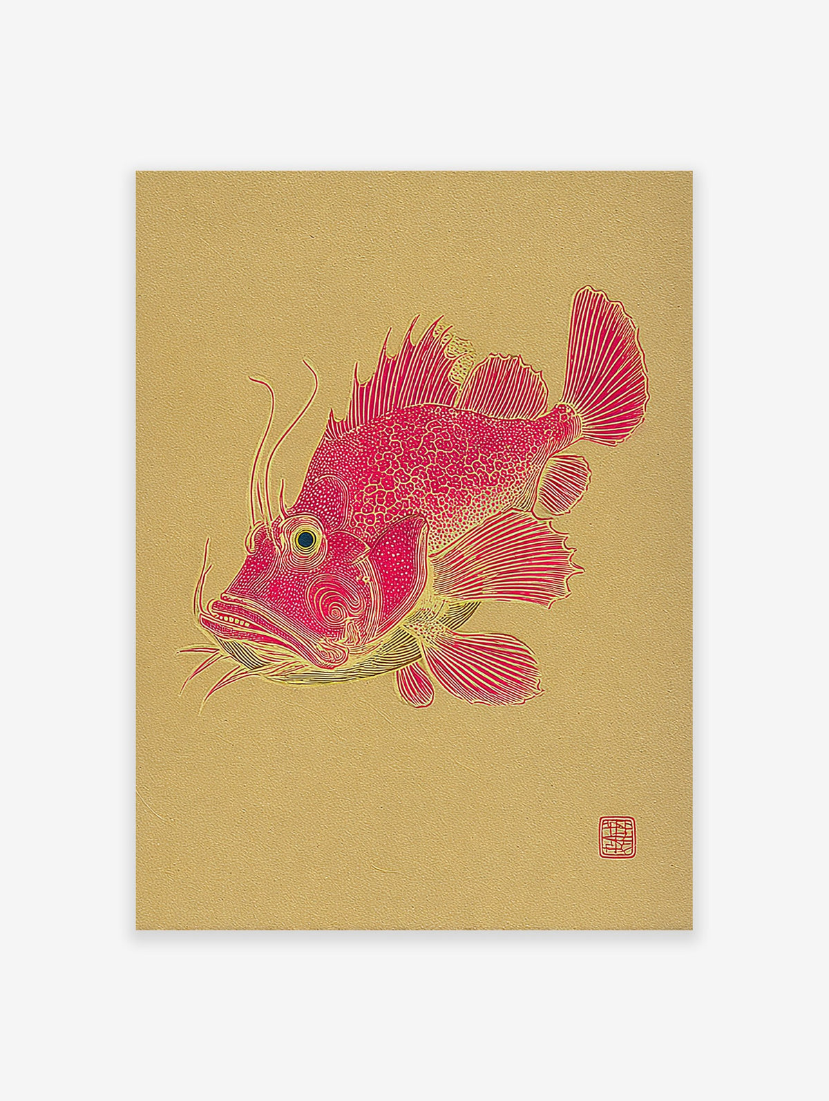 Detailed red fish illustration on a golden background, featuring intricate lines and an Asian art style.