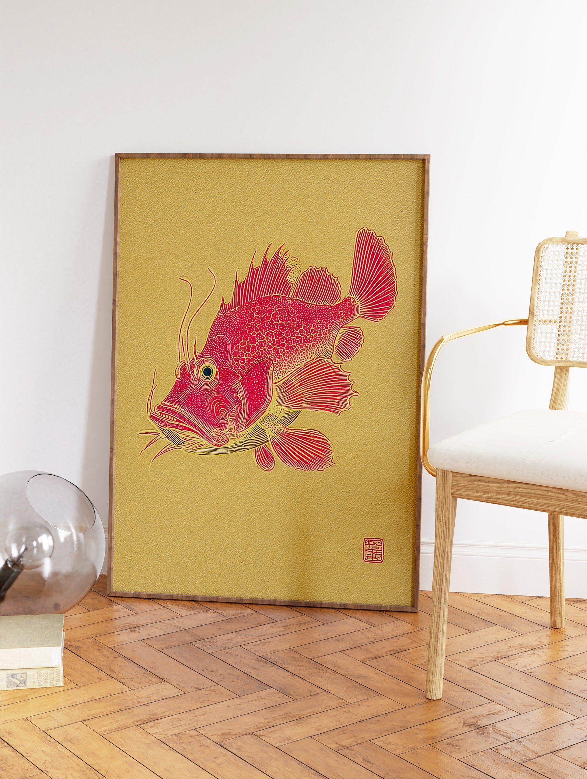 Detailed red fish illustration on a golden background, featuring intricate lines and an Asian art style. - Image 2