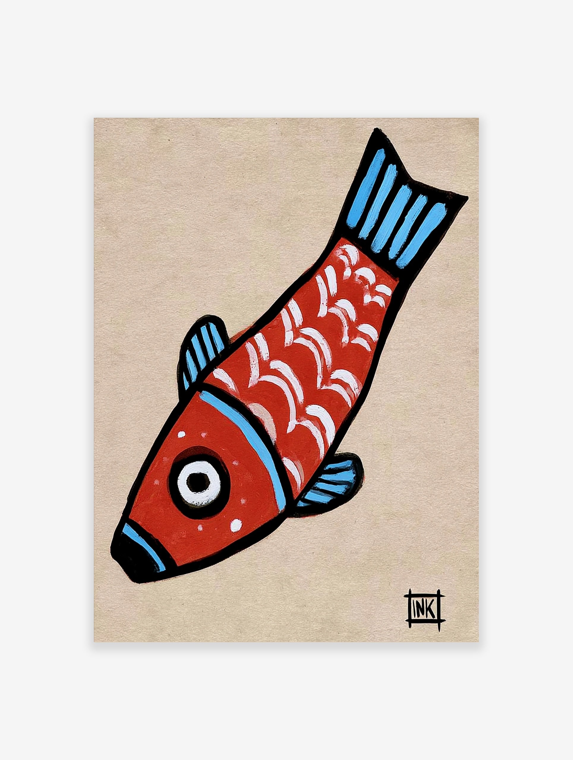 Stylised red fish illustration with white scales and blue fins on a tan paper background
