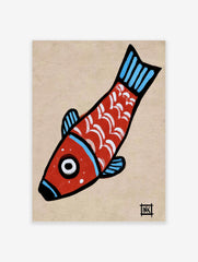 Stylised red fish illustration with white scales and blue fins on a tan paper background