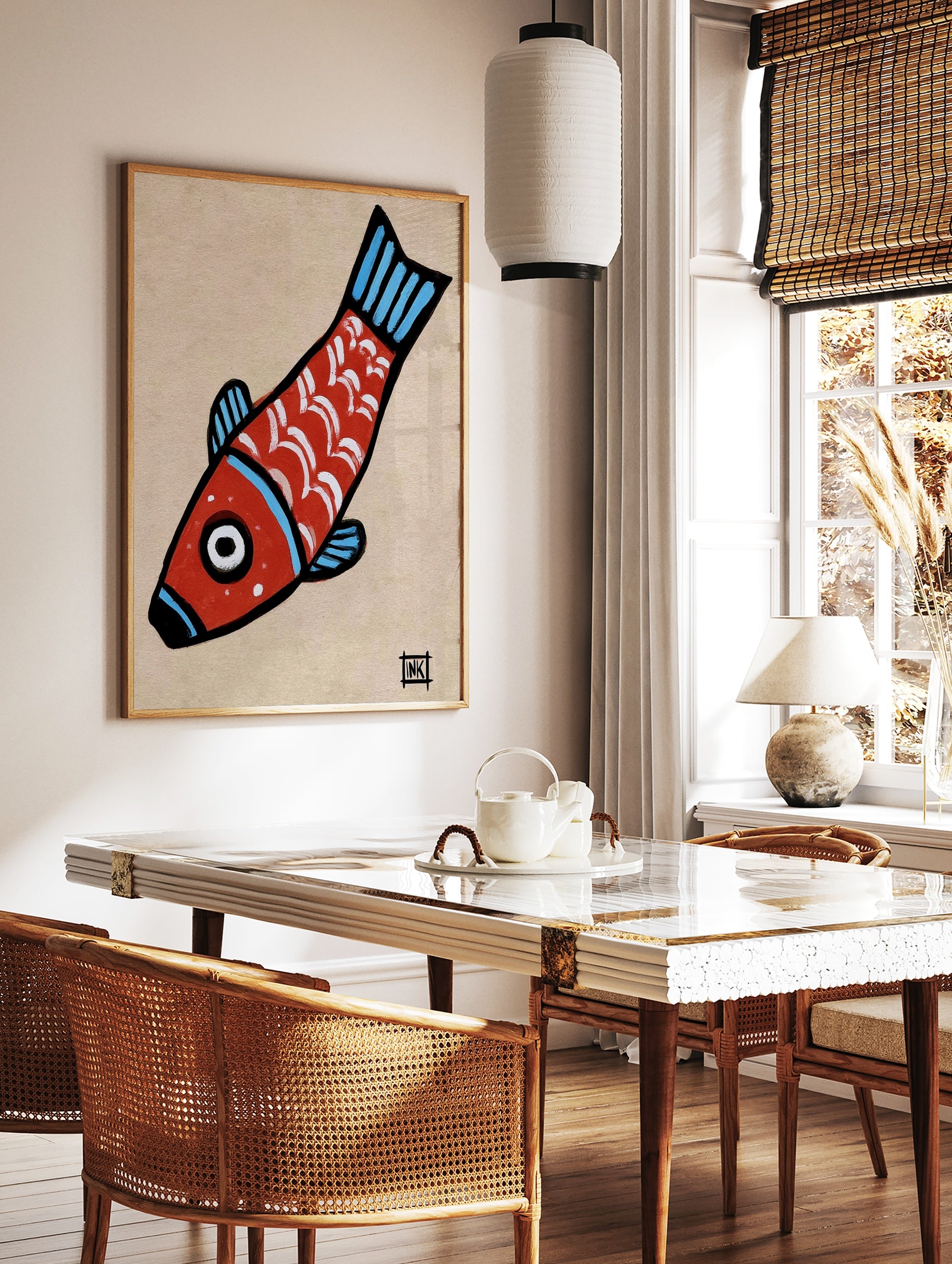 Stylised red fish illustration with white scales and blue fins on a tan paper background, in a styled room mockup