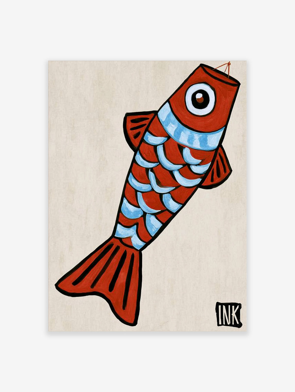 Stylized red fish illustration with blue scales and an ink signature, minimalist art print on textured off-white background