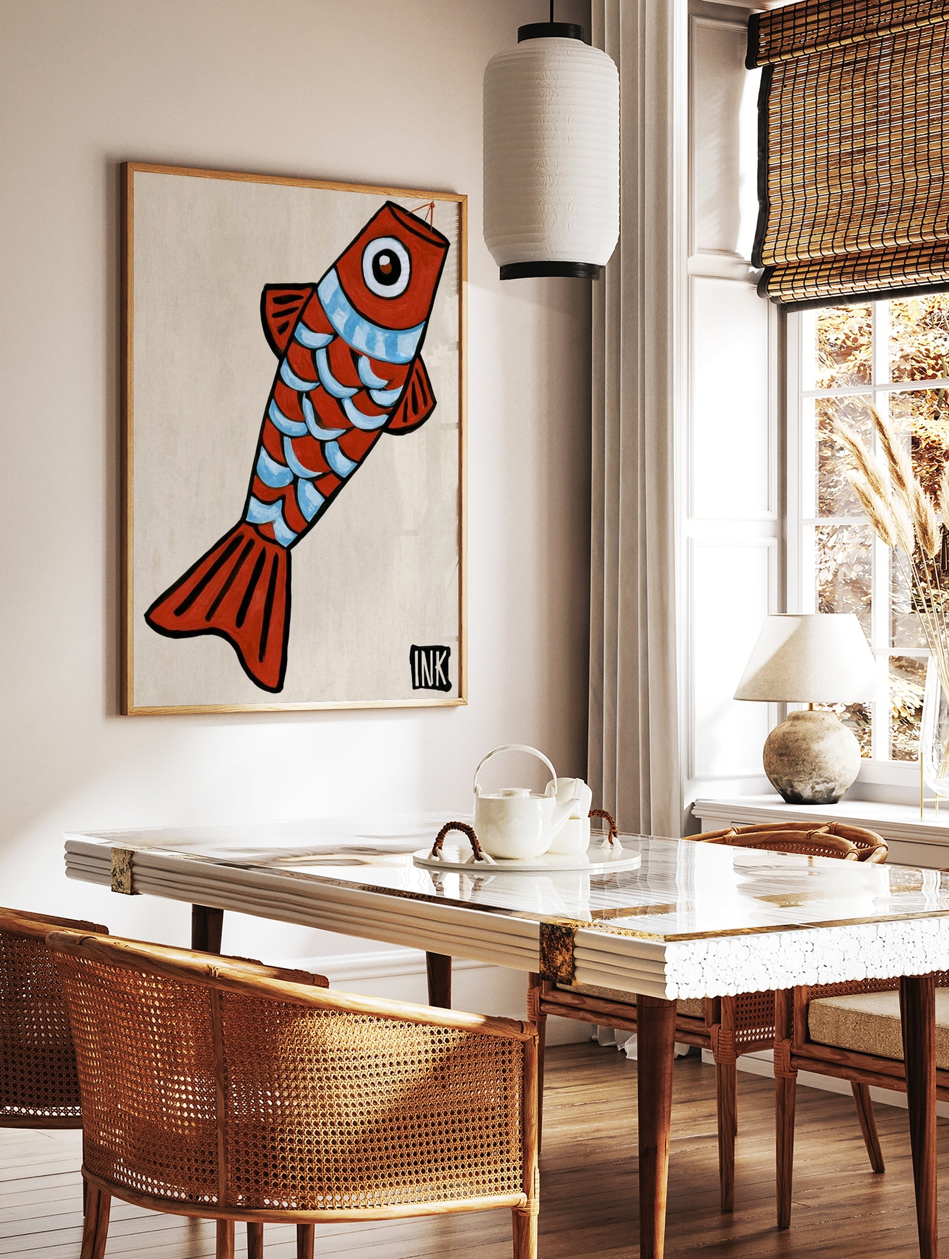 Stylized red fish illustration with blue scales and an ink signature, minimalist art print on, in a styled room mockup