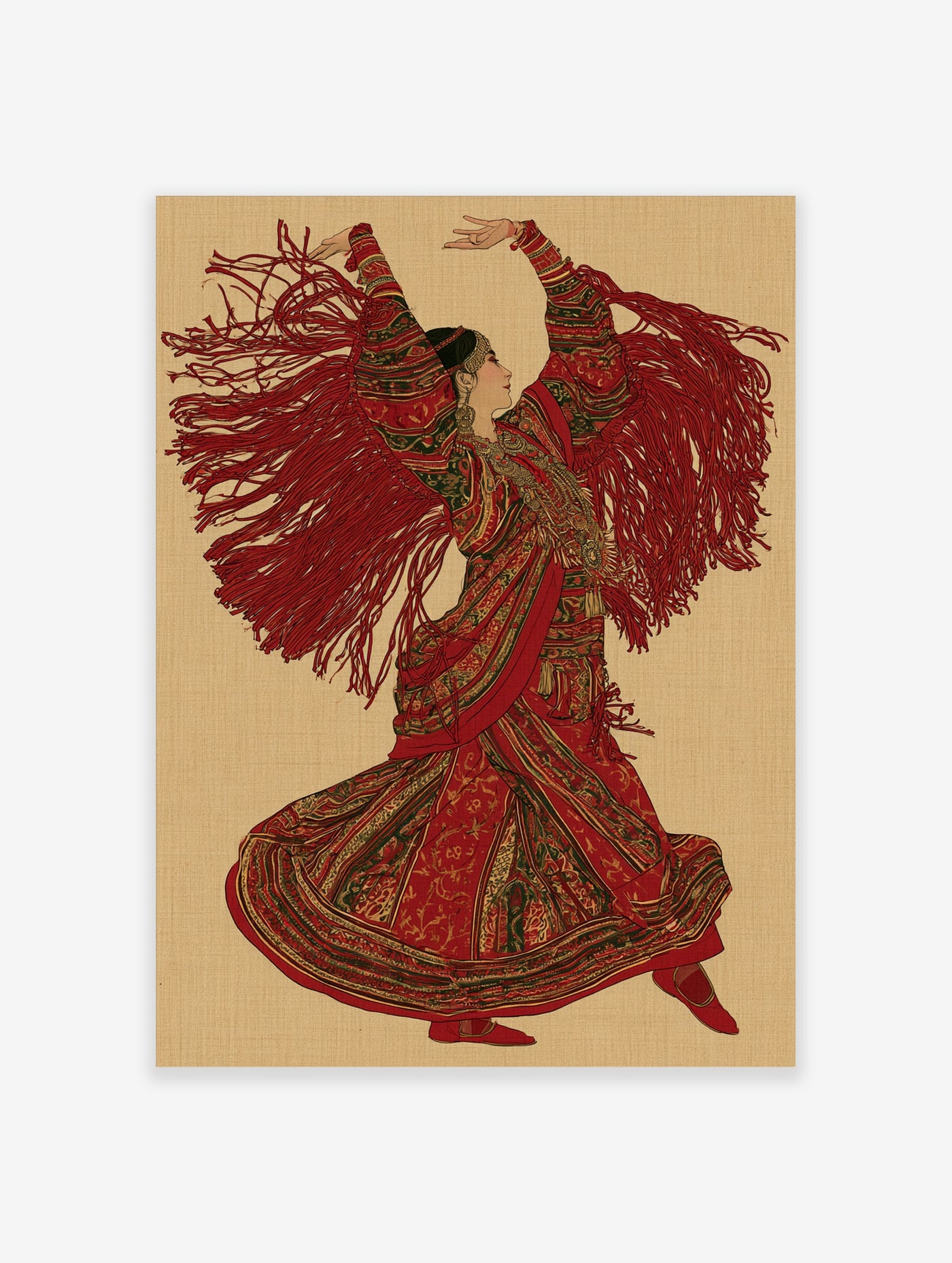 Flamenco dancer in a flowing red and green dress with fringe shawl in an illustrative vintage style