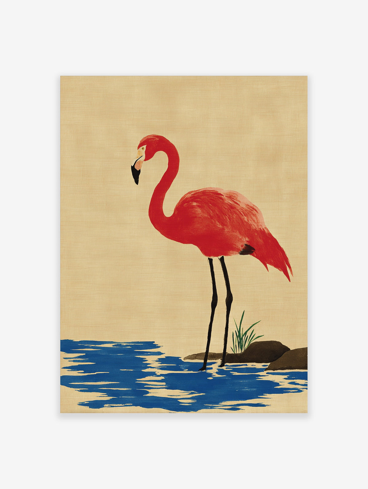 Red flamingo standing in blue water on beige background, bird wall art print