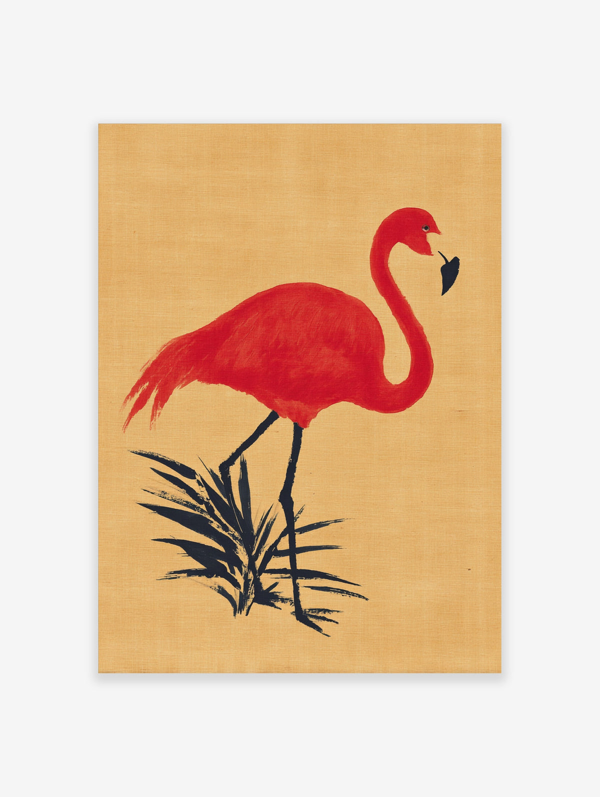 Red flamingo standing among black reeds on beige background, illustrative art print