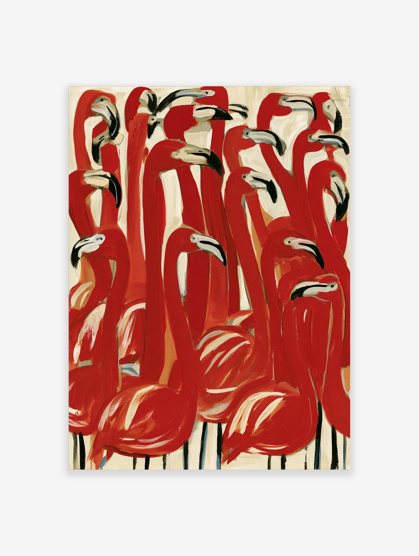 Red flamingo wall art, dense flock of stylised birds with curved necks and black beaks, on cream background
