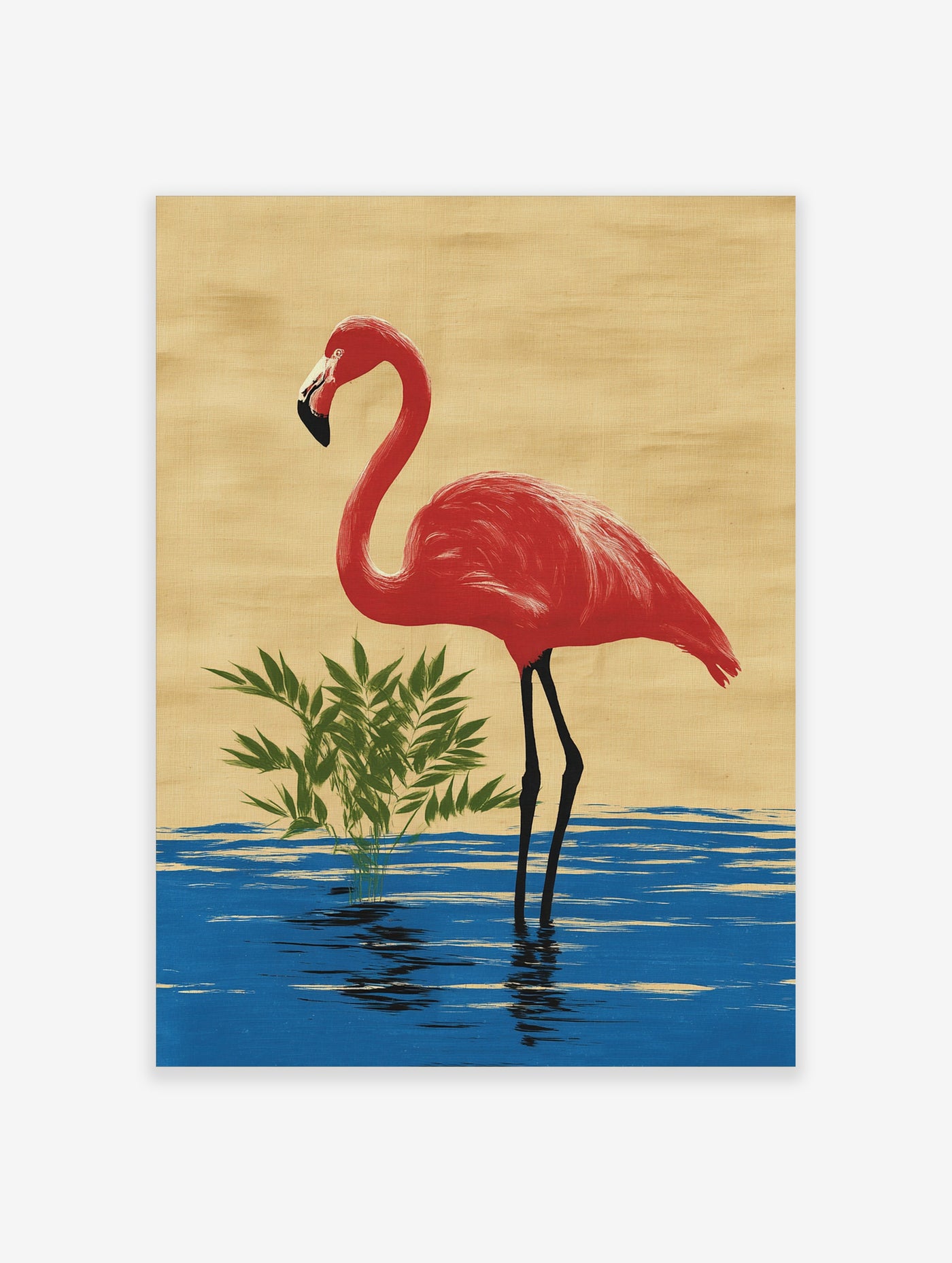 Red flamingo standing in blue water with green foliage, beige background, unframed paper print