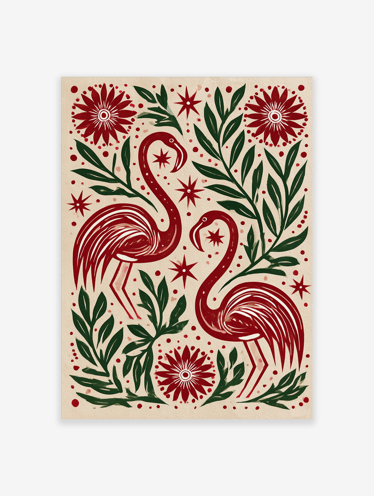 Red flamingo art print with two birds, green leaves, and red star motifs on beige background