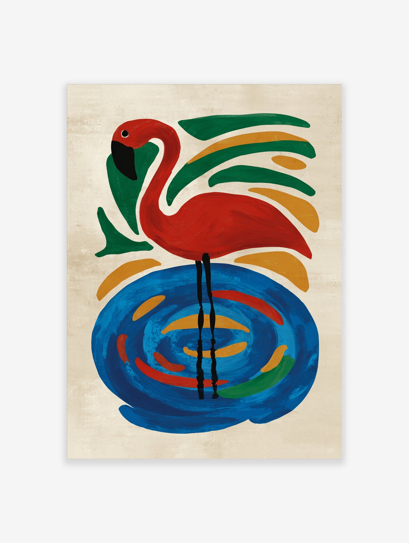 Red flamingo with black beak, green and yellow accents, standing on blue swirl, on beige background
