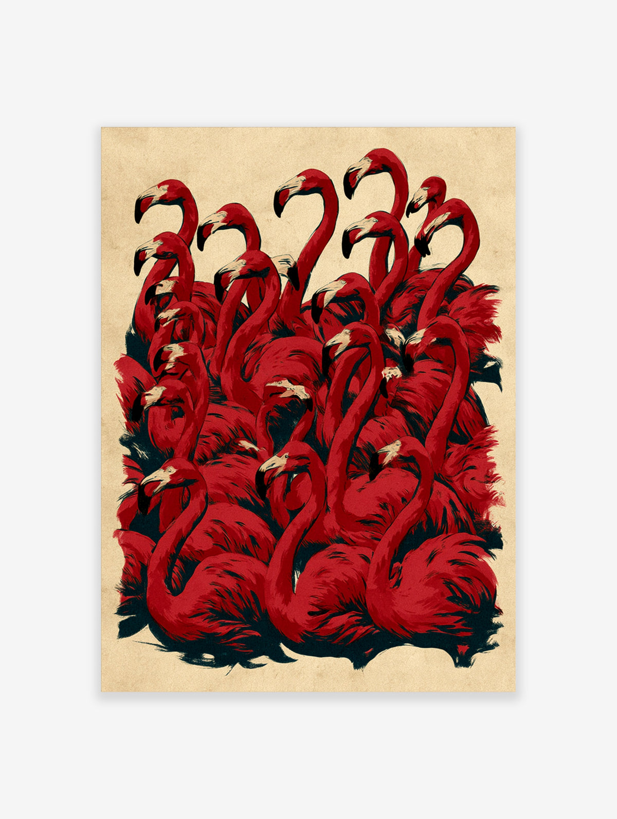 Red flamingo flock illustration art print on beige background, dense composition