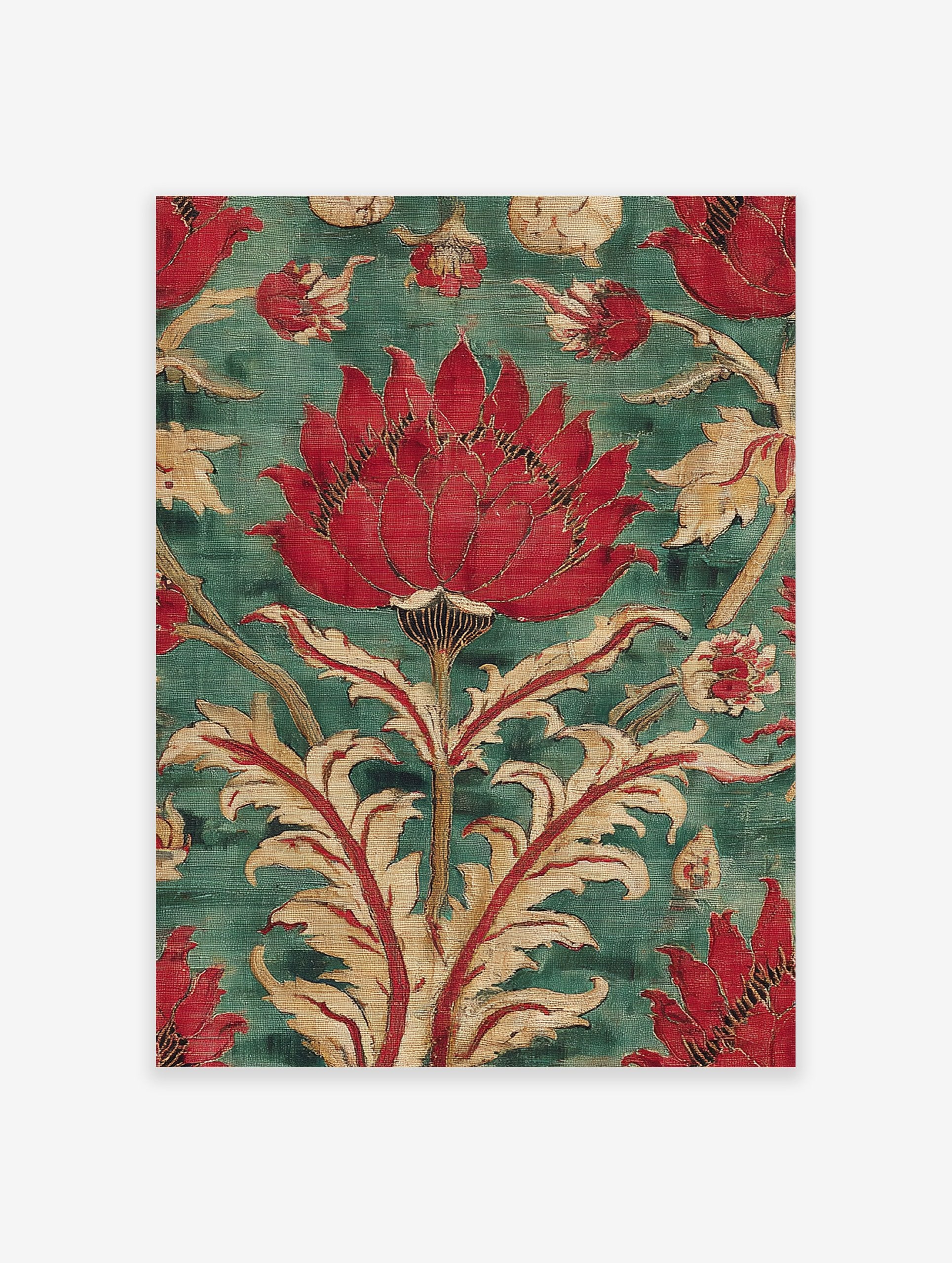 Red floral tapestry wall art with a large central flower and intricate gold and red botanical motifs on a teal green background.