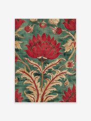 Red floral tapestry wall art with a large central flower and intricate gold and red botanical motifs on a teal green background.