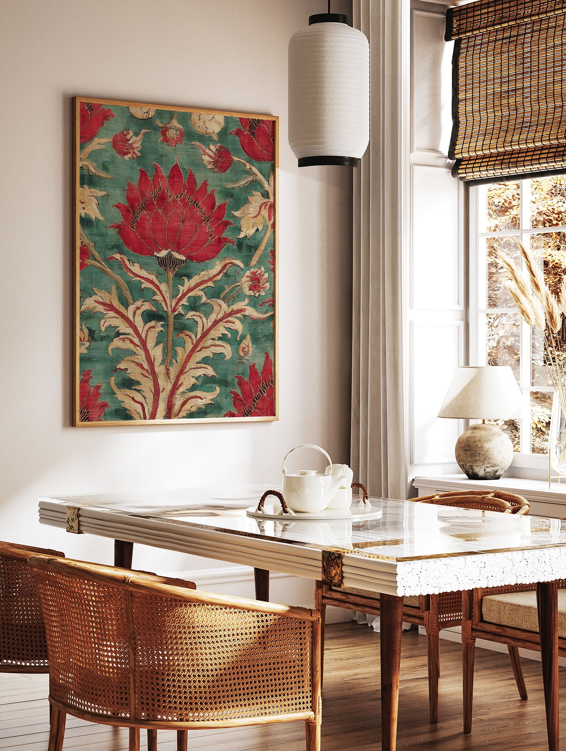 Red floral tapestry wall art with a large central flower and intricate gold and red botanical motifs on a teal green background. - Image 2